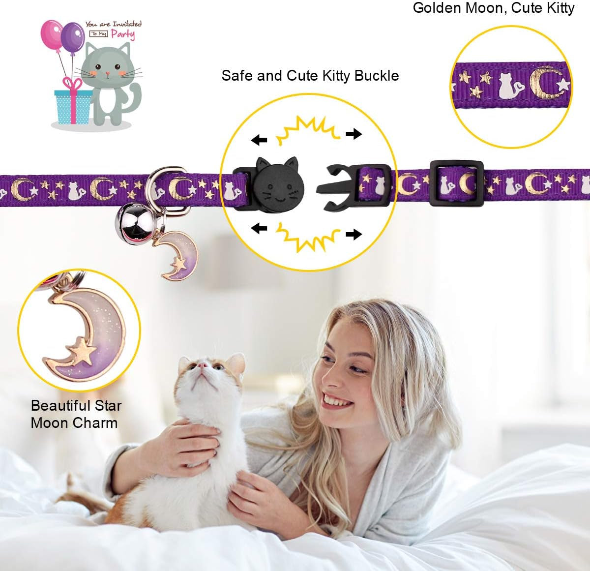 2PCS Breakaway Cat Collars with Bell Moons Stars Cute Kitty Adjustable Safe Kitten Collars with Pendant Glow in the Dark(Purple&Pink)