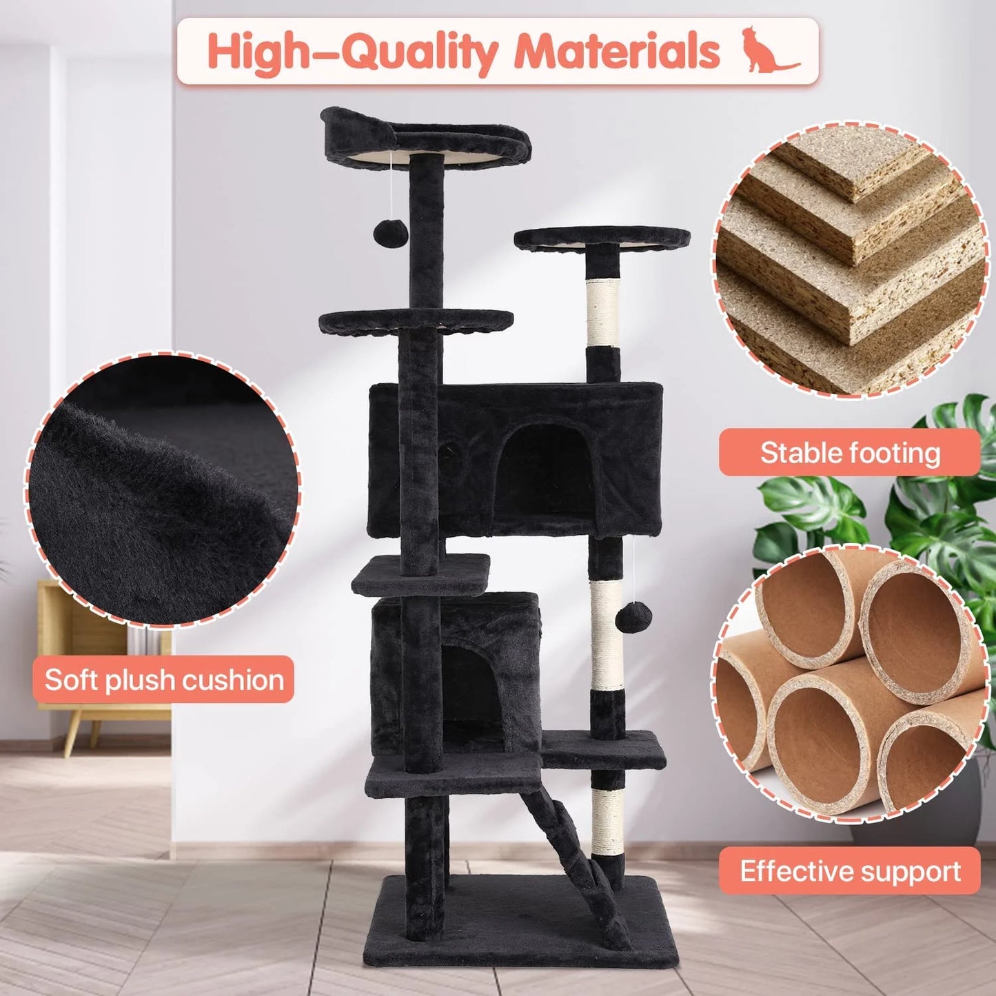 54-In Double Condo Cat Tree Tower Playhouse with Scratching Post for Indoor, Dark Gray