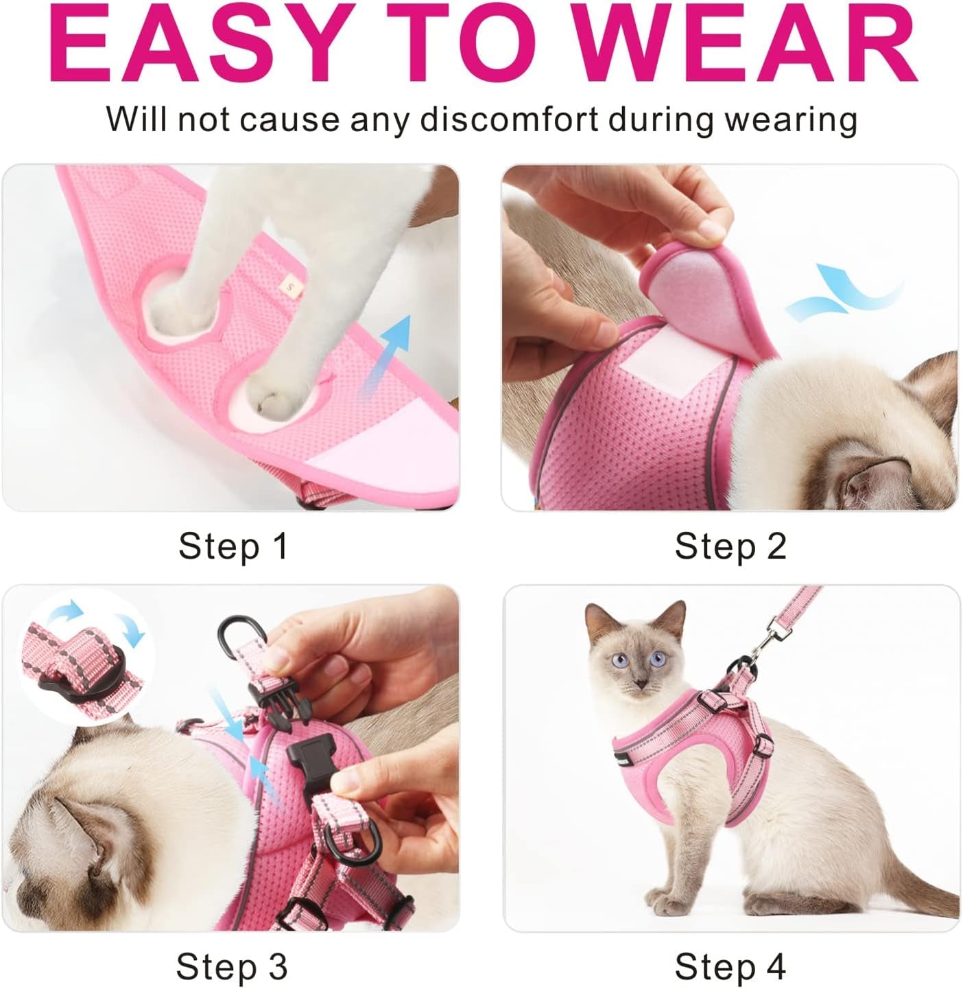 Cat Harness and Leash Set for Walking Escape Proof, Easy-To-Wear Adjustable Cat Harness with Reflective Strap - Comfort Fit for Pet Kitten Cat (S, Pink)