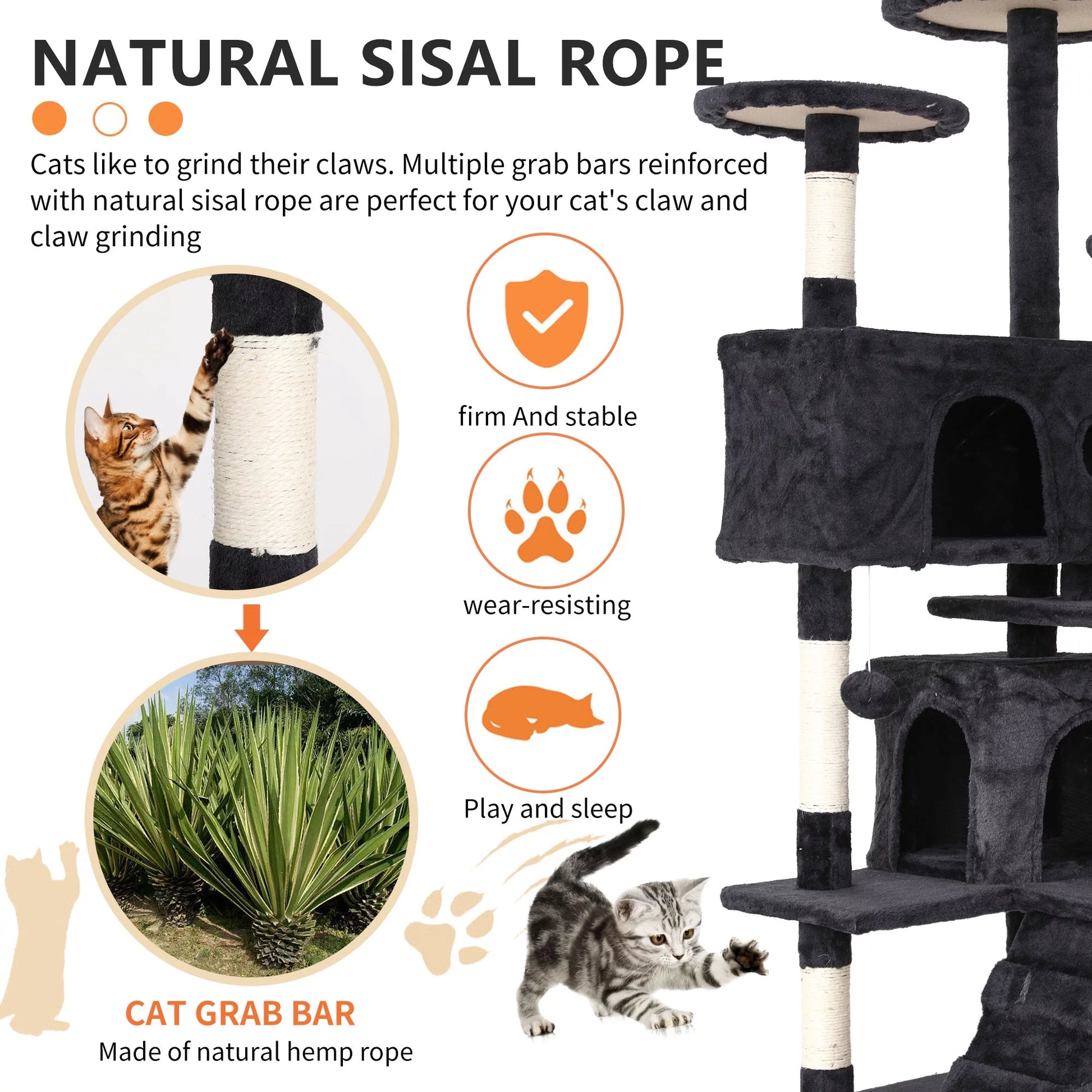 54-In Double Condo Cat Tree Tower Playhouse with Scratching Post for Indoor, Dark Gray