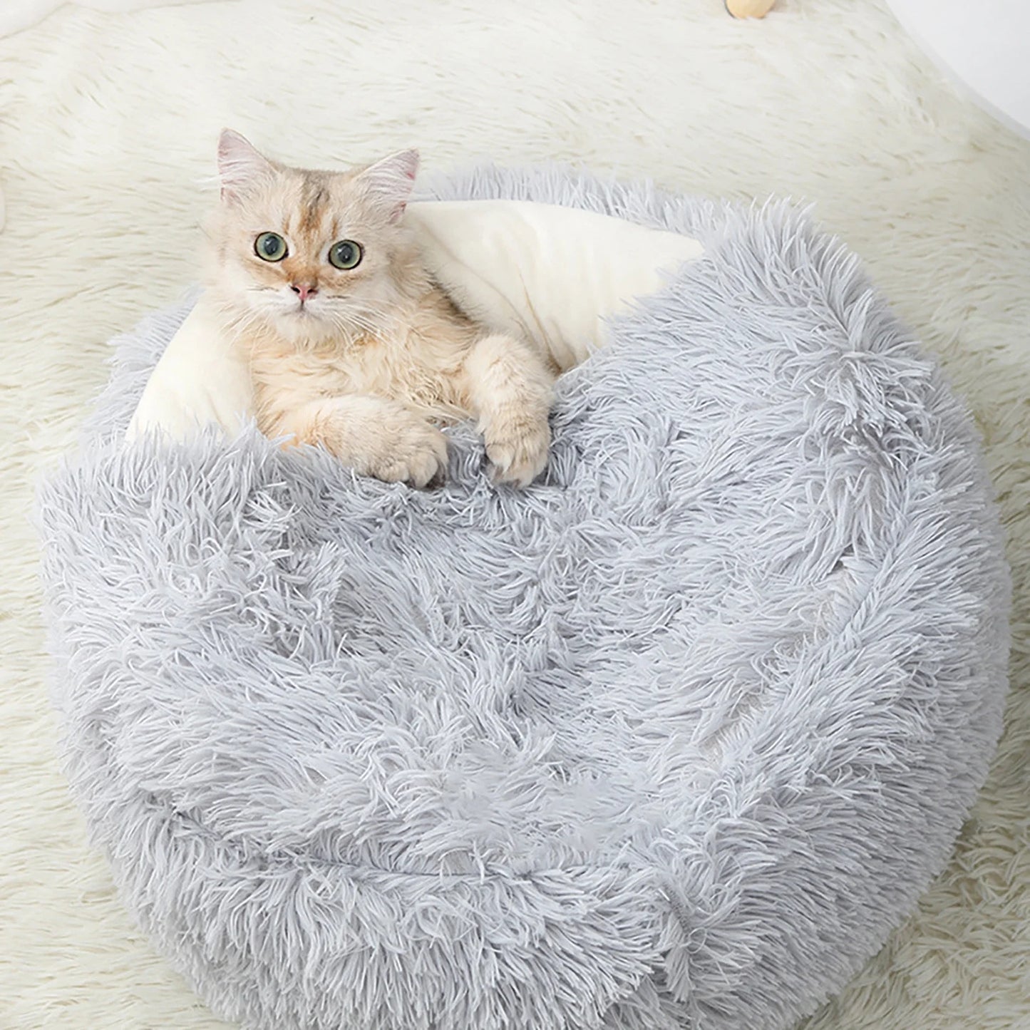 Rnemite-Amo Calming Dog Beds and Cat Cave Bed with Hooded Cover,Removable Washable round Beds for Small Medium Pets,Anti-Slip Faux Fur Fluffy Coved Bed for Improved Sleep,Fits up to 11 Lbs