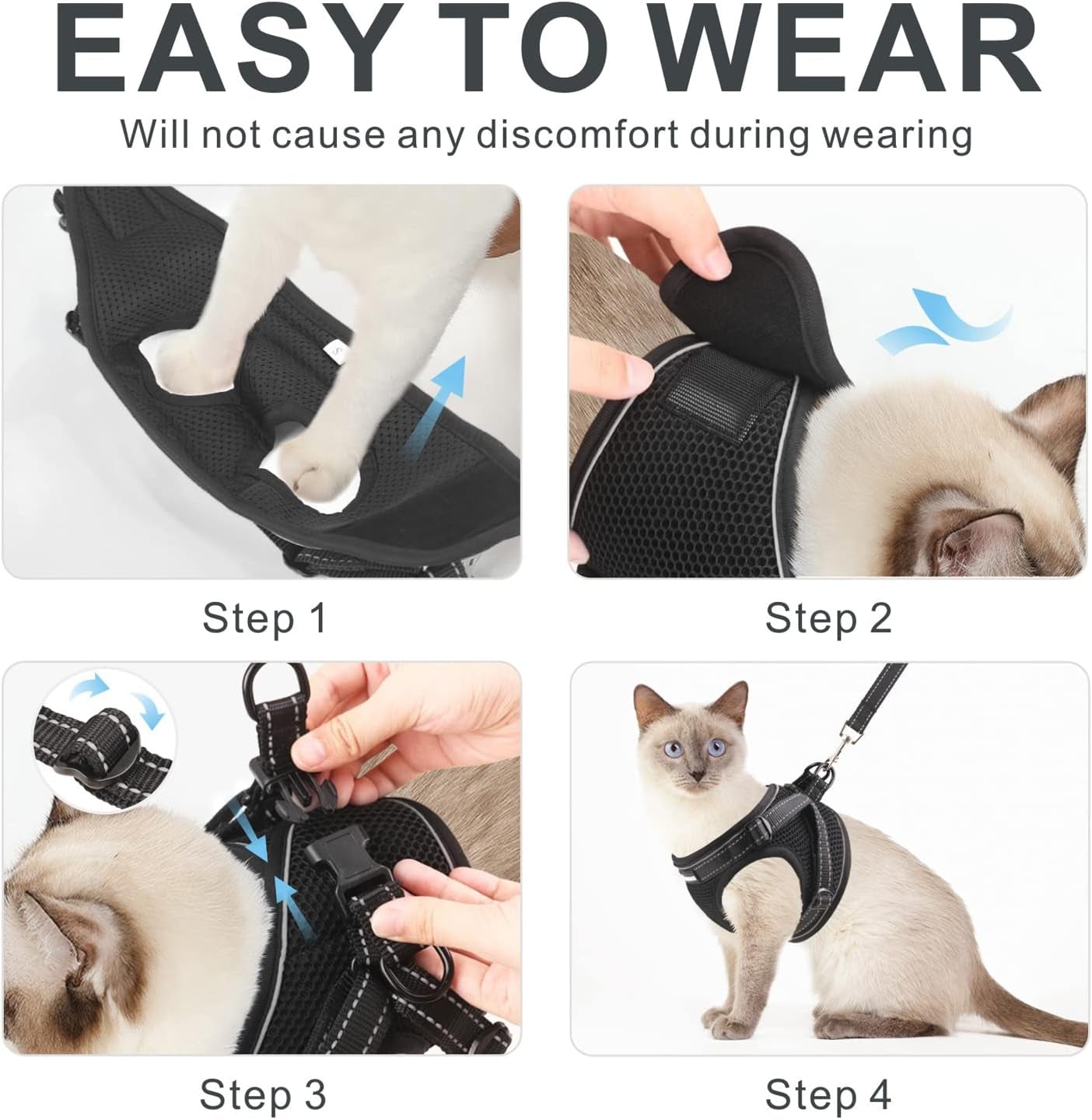 Cat Harness and Leash Set for Walking Escape Proof, Easy-To-Wear Adjustable Cat Harness with Reflective Strap - Comfort Fit for Pet Kitten Cat (S, Black)