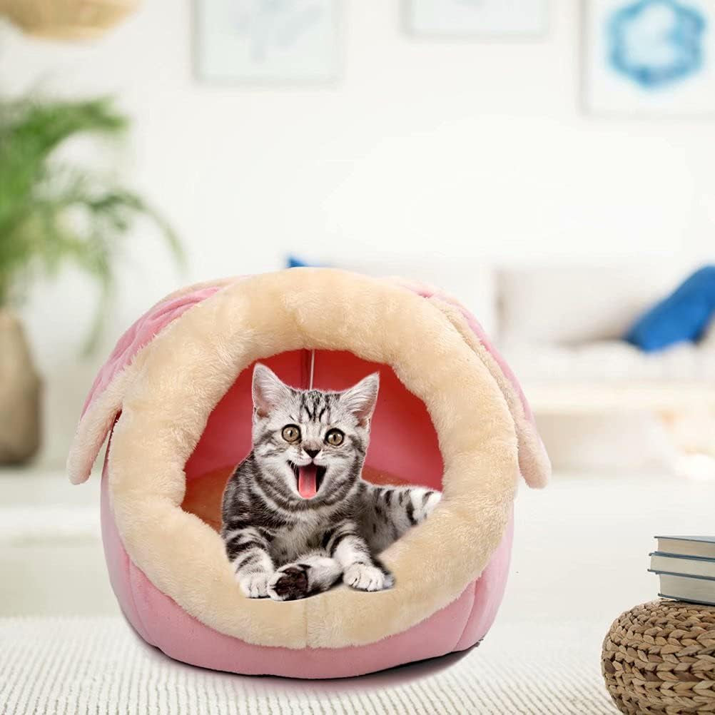 Cat Beds for Indoor Cats - Small Dog Bed with Anti-Slip Bottom, Rabbit-Shaped Cat/Small Dog Cave with Hanging Toy, Puppy Bed with Removable Cotton Pad, Super Soft Calming Pet Sofa Bed (Pink Small)