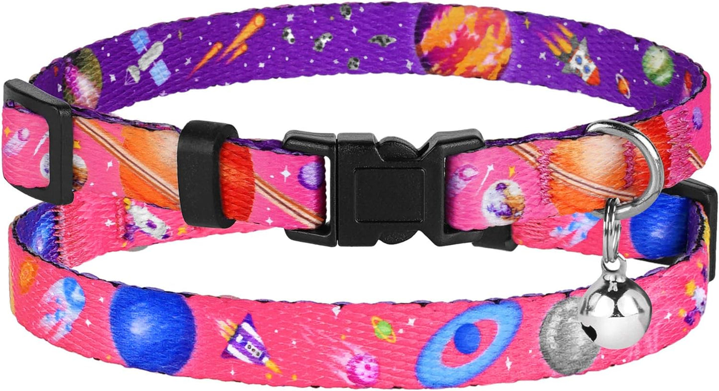 Galaxy Cat Collar with Bell Space Pattern 2Pcs Adjustable Safety Breakaway Collars for Cats Kitten Black Pink Blue (Black + Pink)