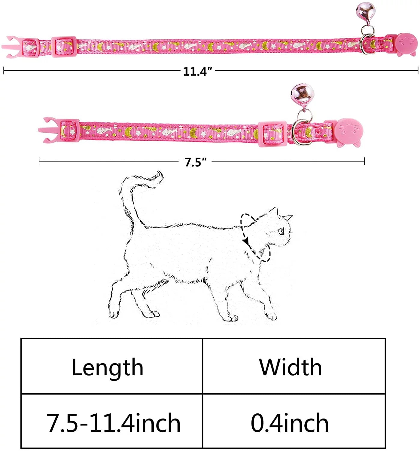 3 Pack Cat Collar Breakaway Kitten Collar with Bell Moon Star and Fish Bone Pattern Cat Collars Glow in Dark Adjustable from 7.5-11.4In