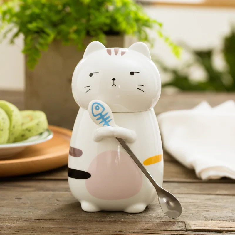 400Ml Cute Kawaii Cat Mug Creative Ceramic Coffee Mugs with Spoon Porcelain Milk Cup with Lid Animal Drinkware Best Gift