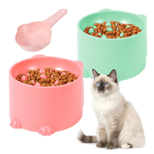 2 Pcs Slow Feeder Cat Bowls and 1 Pcs Spoon Set, anti Choking Elevated Food and Water Bowls, Slow Feeder Bowls, Backflow Prevention, Suitable for Small Pets