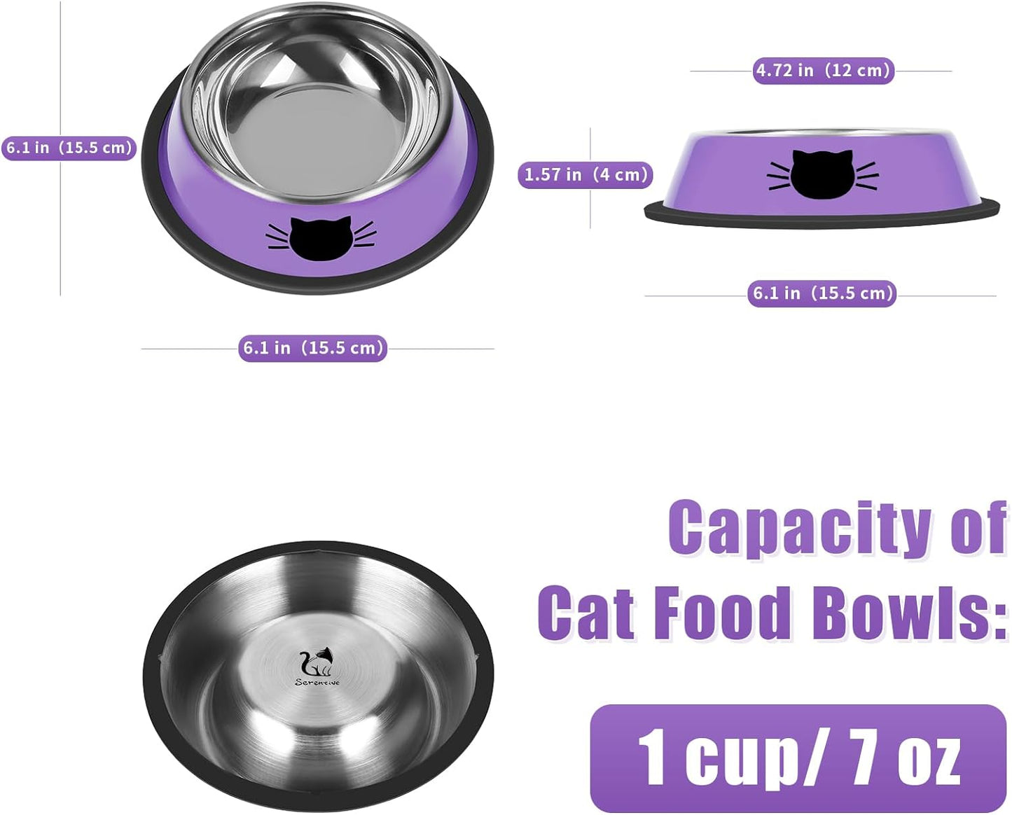 2Pcs Cat Bowls Non-Slip Stainless Steel Small Cat Food Bowls Unbreakable Thicken Cat Feeder 7 Oz Cat Dishes Suitable for Indoor Small Pets Removable Rubber Base Easily Clean Lovely Color