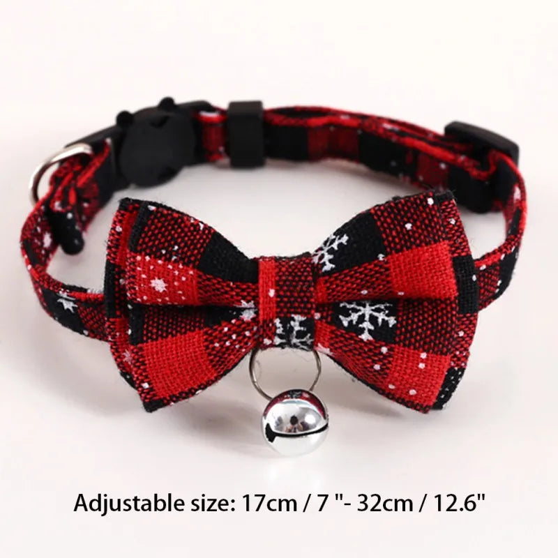 Christmas Small Dog Cat Collar Adjustable Detachable Bow Tie Cat Collar with Bell Cute Plaid Bowknot Pet Collar for Puppy Kitten