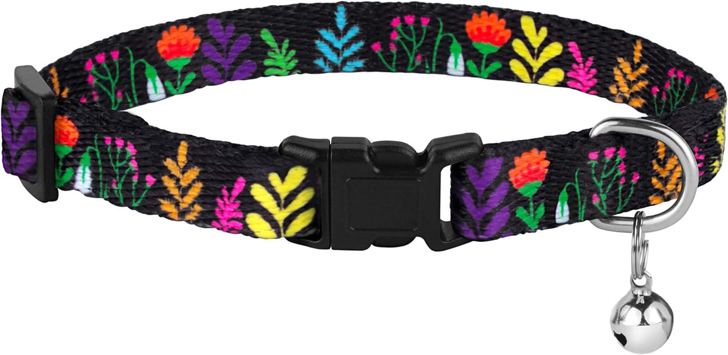 Cat Collar with Bell Floral Pattern 2 Pack Set Flower Adjustable Safety Breakaway Collars for Cats Kitten (Black + Yellow)