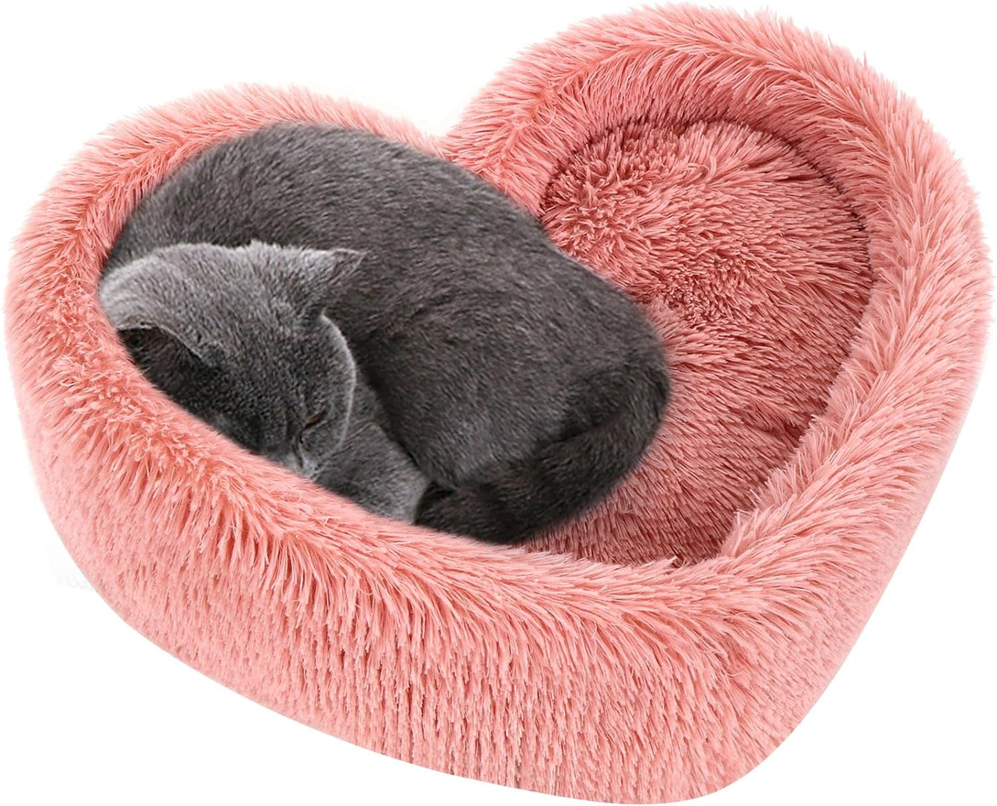 Cat Beds for Indoor Cats - Heart Cat Bed with Removable Washable Cushioned Pillow, Fits Cats up to 30 Lbs or Puppy Bed for Small Dogs, Faux Fur Self Warming Pet Bed Non-Slip Cat House, Pink