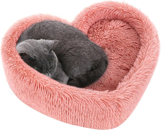 Cat Beds for Indoor Cats - Heart Cat Bed with Removable Washable Cushioned Pillow, Fits Cats up to 30 Lbs or Puppy Bed for Small Dogs, Faux Fur Self Warming Pet Bed Non-Slip Cat House, Pink