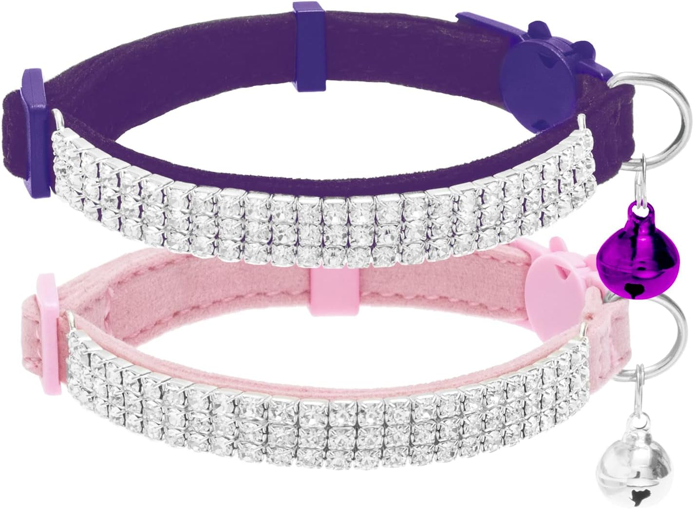 Soft Velvet Safe Cat Collars for Girl Cats -2 Pack Rhinestones Bling Diamante Adjustable Collars - Cat Collar Breakaway with Bells for Boy Cats Kitty and Small Dogs