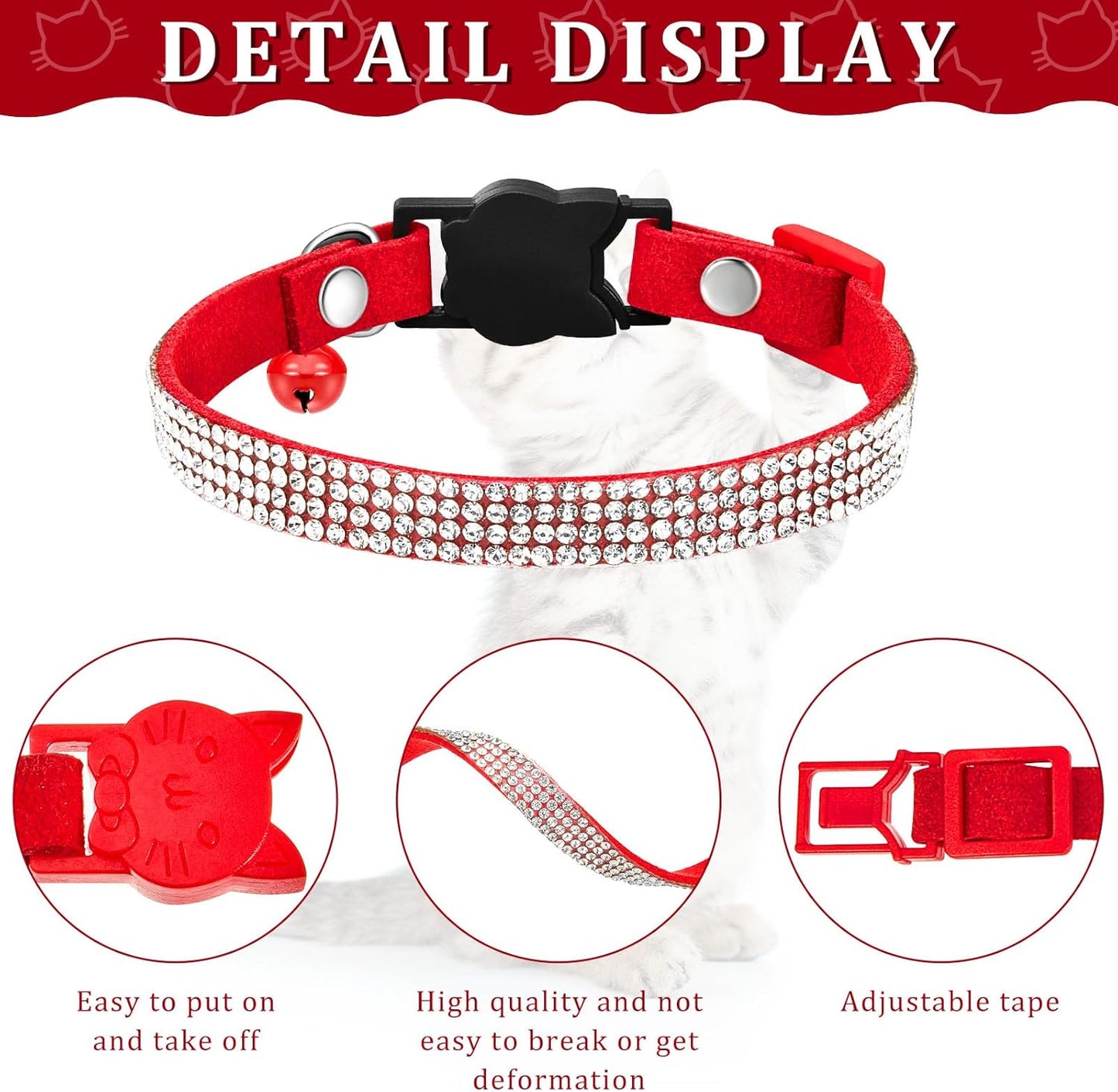 4 Pcs Rhinestone Cat Collar Heart Bling Breakaway Girl Cat Collar Soft Velvet Fancy Cat Collar with Heart Bling Cat Collar Adjustable Safety Kitten Collar with Bell for Kitty(Red, Black)