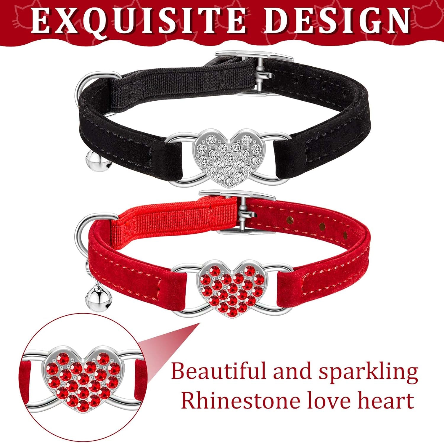 4 Pcs Rhinestone Cat Collar Heart Bling Breakaway Girl Cat Collar Soft Velvet Fancy Cat Collar with Heart Bling Cat Collar Adjustable Safety Kitten Collar with Bell for Kitty(Red, Black)