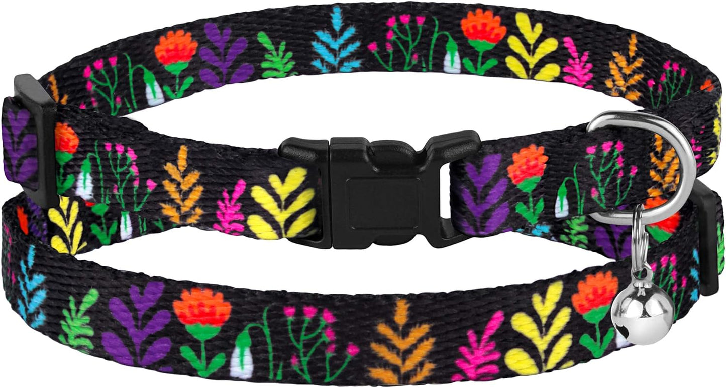 Cat Collar with Bell Floral Pattern 2 Pack Set Flower Adjustable Safety Breakaway Collars for Cats Kitten (Black + Yellow)