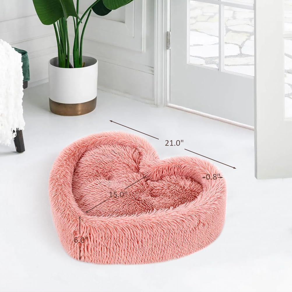 Cat Beds for Indoor Cats - Heart Cat Bed with Removable Washable Cushioned Pillow, Fits Cats up to 30 Lbs or Puppy Bed for Small Dogs, Faux Fur Self Warming Pet Bed Non-Slip Cat House, Pink