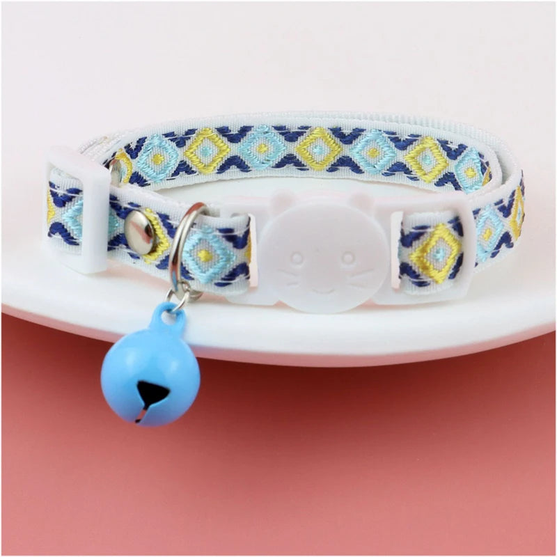 New Beautiful Printing Cat Collars Plaid Jacquard Collars Adjustable Anti-Lost Bell Collars Colorful Cute Pretty Pet Supplies