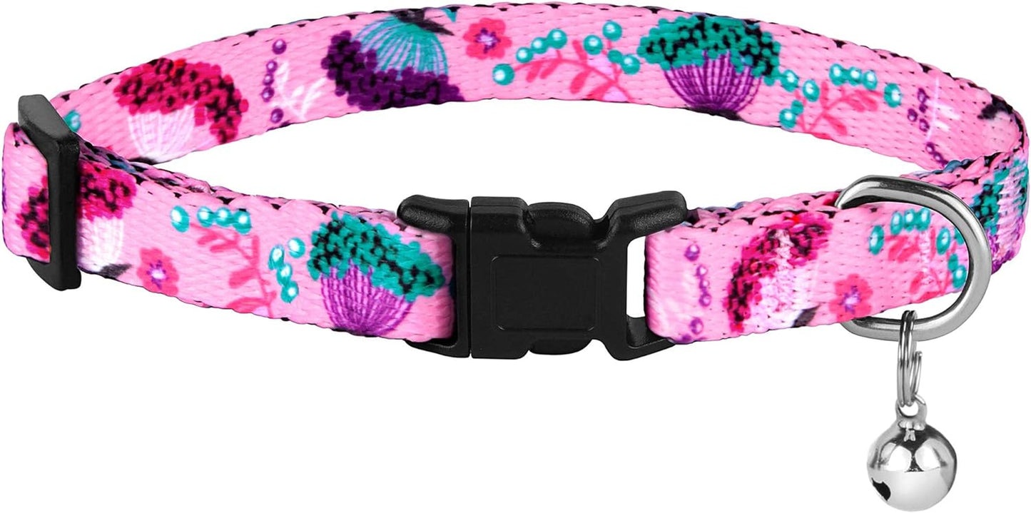 Cat Collar with Bell Floral Pattern 2 Pack Set Flower Adjustable Safety Breakaway Collars for Cats Kitten (Pink + Aquamarine)