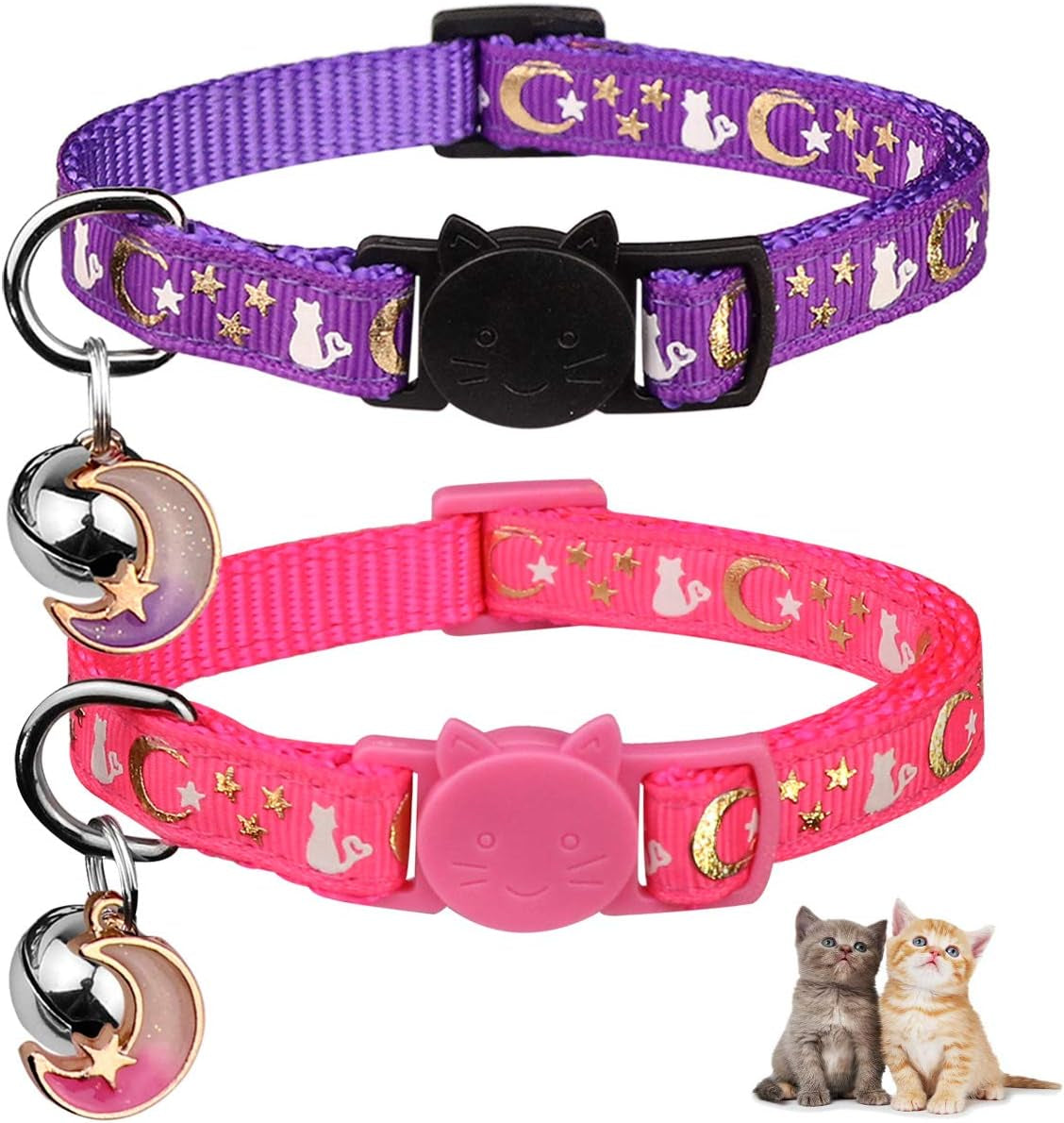 2PCS Breakaway Cat Collars with Bell Moons Stars Cute Kitty Adjustable Safe Kitten Collars with Pendant Glow in the Dark(Purple&Pink)