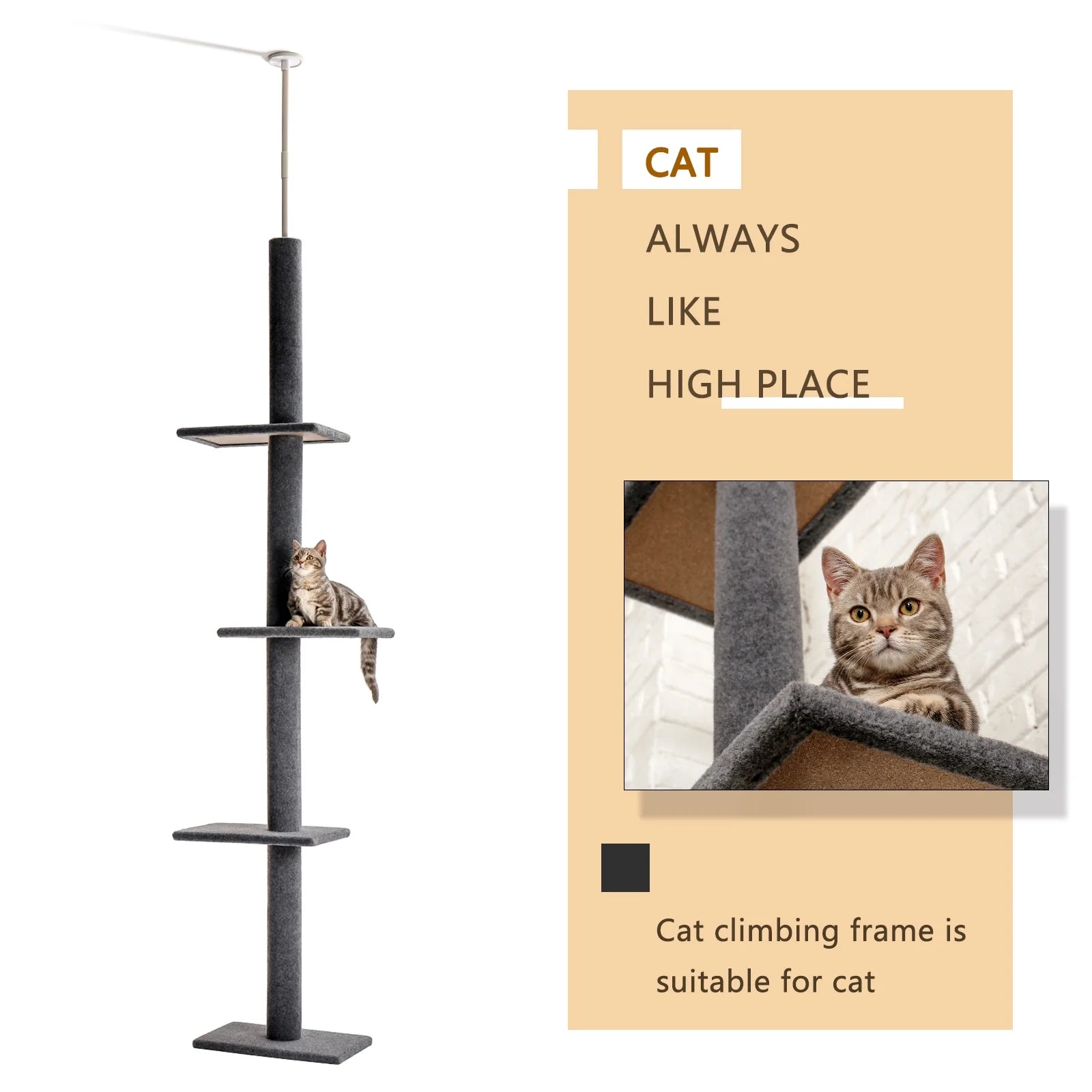 90-107" Floor to Ceiling Cat Tree Tower 4 Tier Tall Cat Climbing Posts Adjustable, Gray