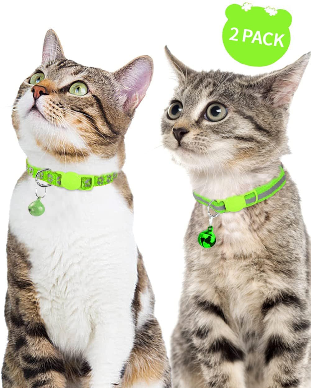 Reflective Cat Collar Breakaway with Bells, 2 Pack Girl Boy Pet Cat Collar Adjustable 7.5-12.5 Inch, Green