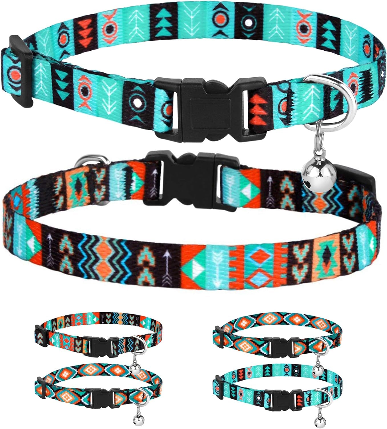 Cat Collar Breakaway Set of 2 PCS Tribal Pattern Aztec Pet Safety Adjustable Kitten Collar with Bell (Ethnic + Tribal)