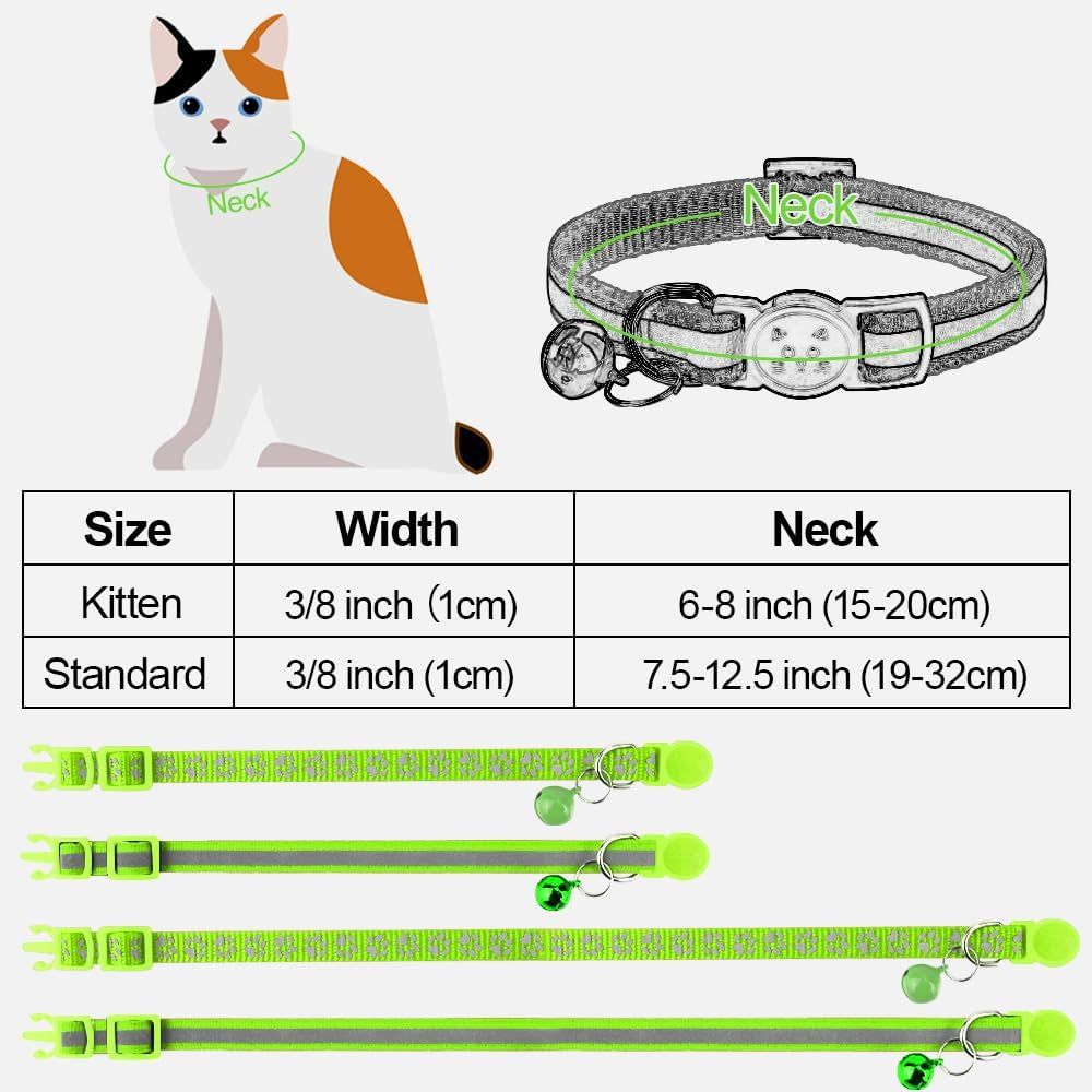 Reflective Cat Collar Breakaway with Bells, 2 Pack Girl Boy Pet Cat Collar Adjustable 7.5-12.5 Inch, Green