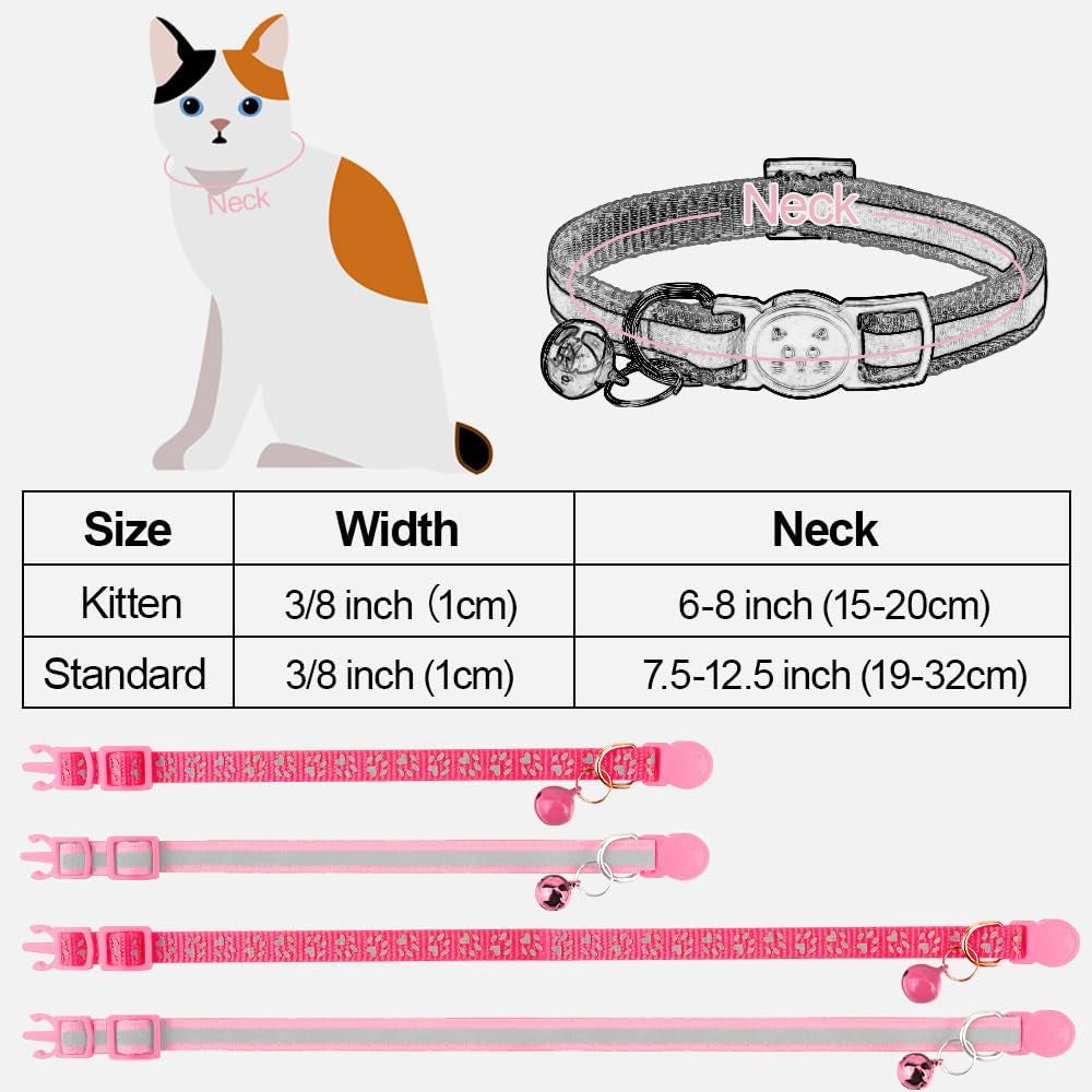 Reflective Cat Collar Breakaway with Bells, 2 Pack Girl Boy Pet Cat Collar Adjustable 7.5-12.5 Inch, Pink