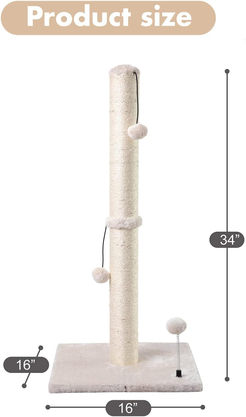 34” Tall Cat Scratching Post Premium Basics Kitten Scratcher Sisal Scratch Posts Trees with Hanging Ball for Indoor Cats (34 Inches for Adult Cats, Beige)