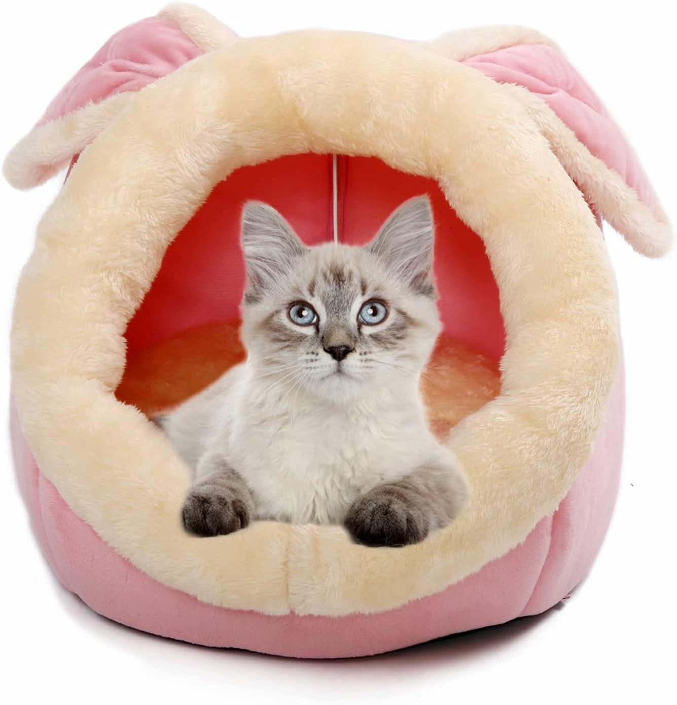 Cat Beds for Indoor Cats - Small Dog Bed with Anti-Slip Bottom, Rabbit-Shaped Cat/Small Dog Cave with Hanging Toy, Puppy Bed with Removable Cotton Pad, Super Soft Calming Pet Sofa Bed (Pink Small)