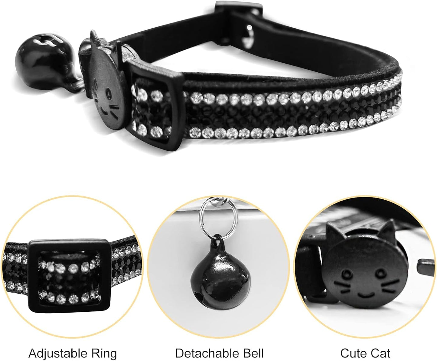 Breakaway Cat Collars  Adjustable Safe Cat Collar with Bell Velvet Kitty Collar for Cat Kitten Bling Rhinestone Girl Boy, 1Pcs (Black)