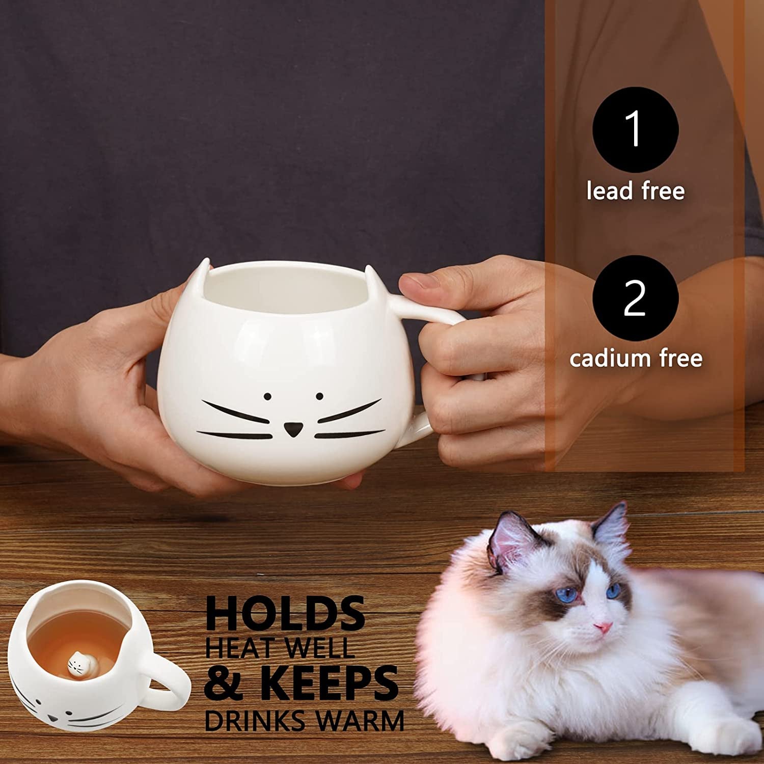 Cute Cat Coffee Mug for Cat Lovers Women Girls Ceramic Kitty Water Mugs 12 Oz Small Cup White