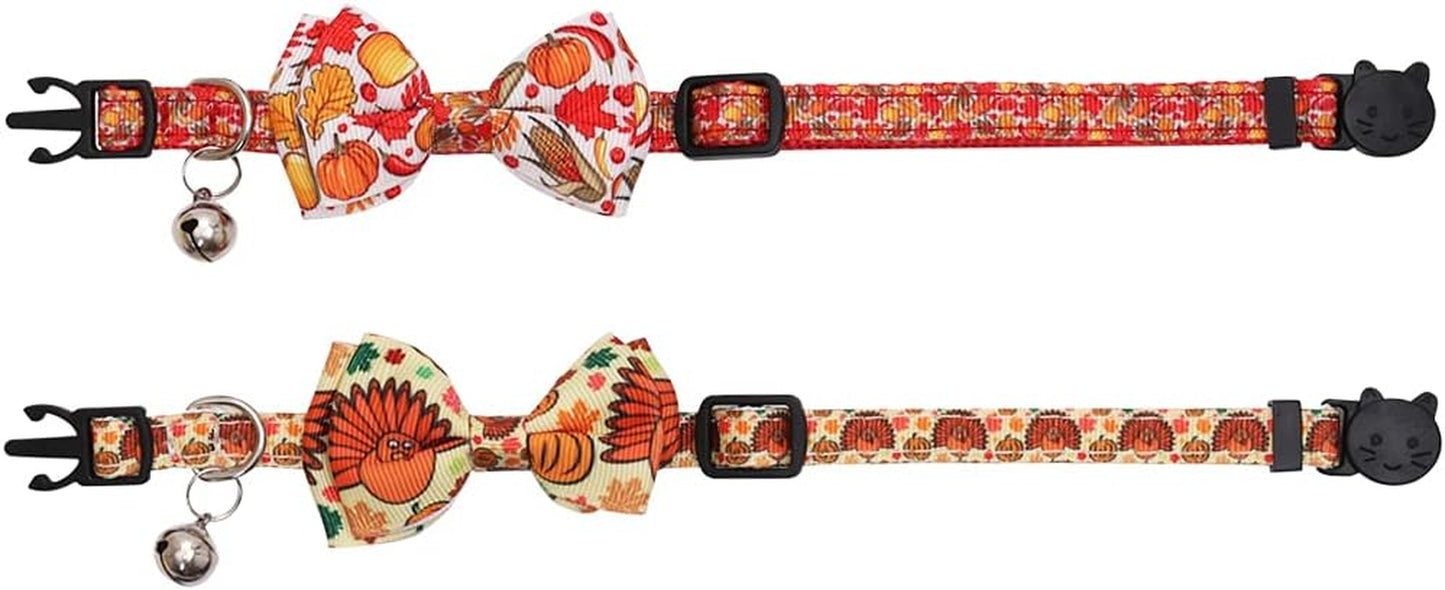 Thanksgiving Cat Collar Fall Autumn Breakaway with Bow Tie and Bell for Kitty Adjustable Safety