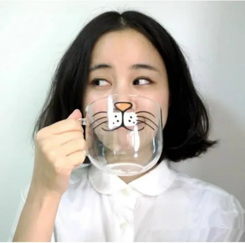 XINLANISNOW Novelty Glass Cup Cat Face Mugs Coffee Tea Milk Breakfast Mug Creative Gifts 540Ml