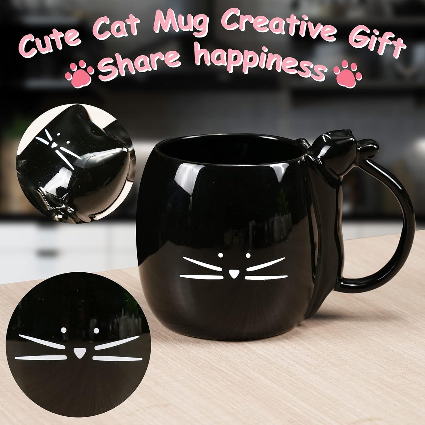 Coffee Mug Cute Cat Mug Gift for Cat Lovers Ceramic Tea Mugs Black 16 Oz