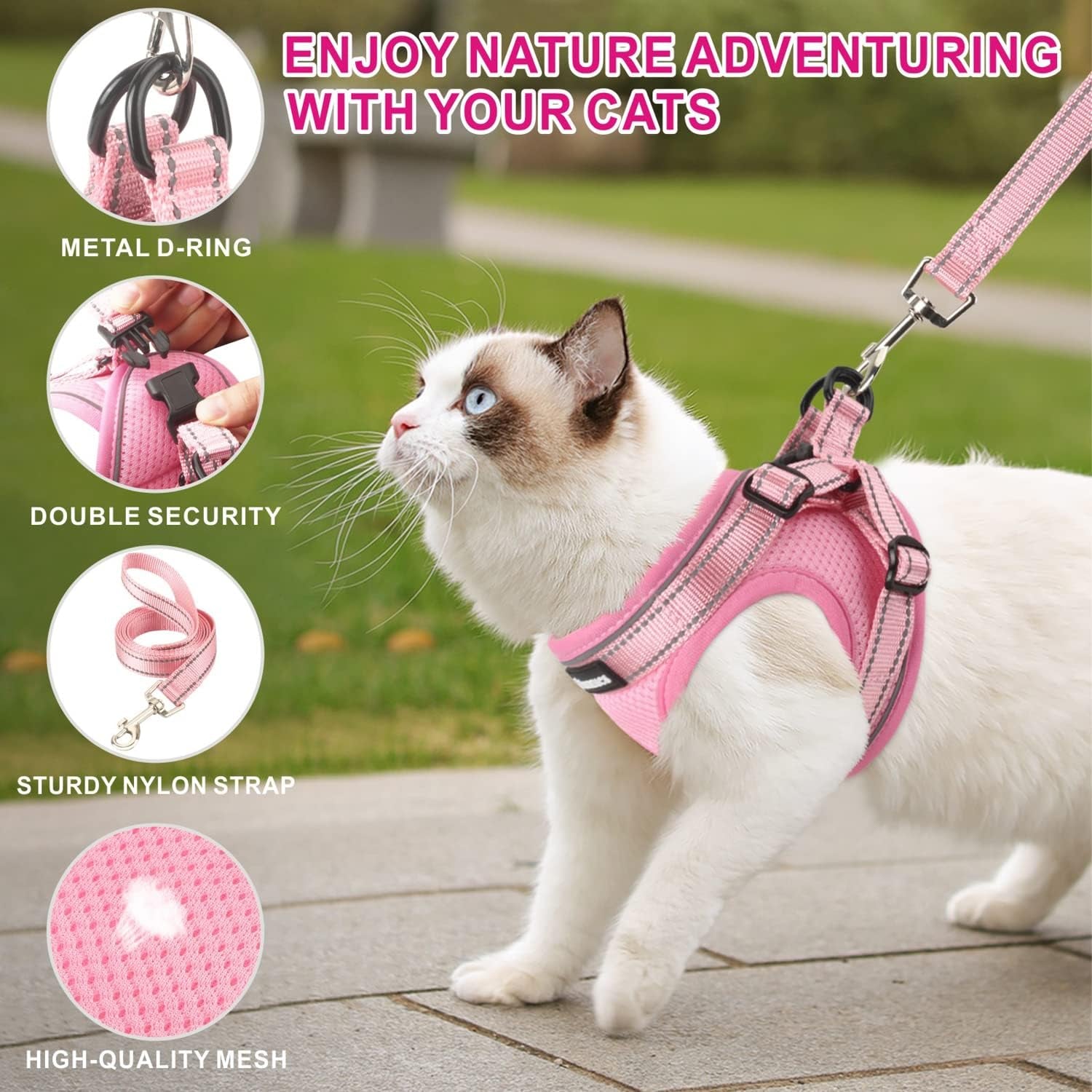 Cat Harness and Leash Set for Walking Escape Proof, Easy-To-Wear Adjustable Cat Harness with Reflective Strap - Comfort Fit for Pet Kitten Cat (S, Pink)