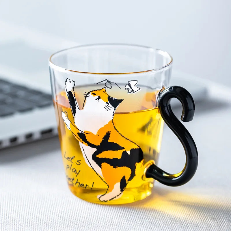 250 Ml Cute Black Cat Glass Coffee Mug Set Handgrip Animal Shaped Milk Water Juice Mugs Tea Cup Japanese Style Kawaii Gift Home