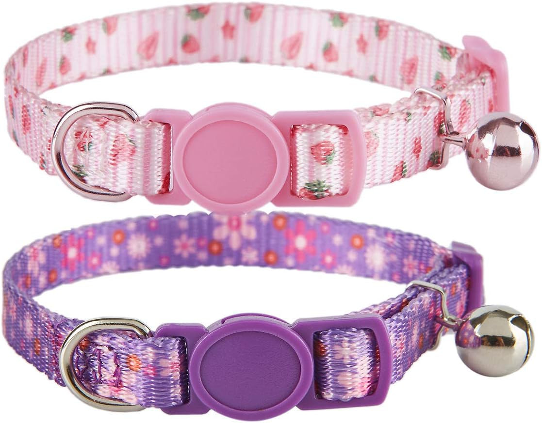 Breakaway Cat Collar with Bell, 2 Pack of Adjustable Floral Cat Collars Cute Safety Purple Pink Kitty Strawberry Collar