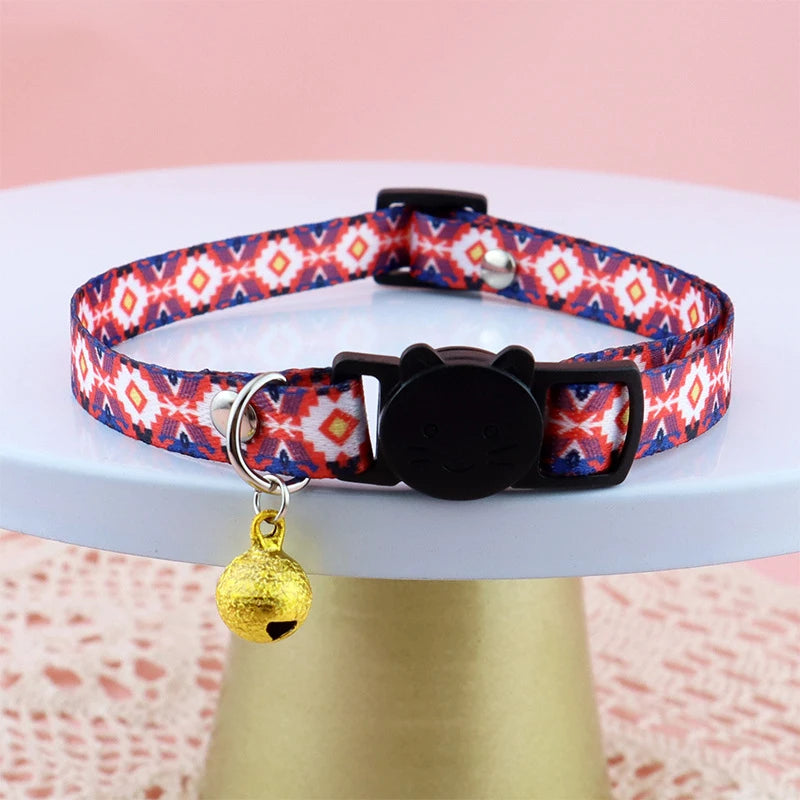 New Beautiful Printing Cat Collars Plaid Jacquard Collars Adjustable Anti-Lost Bell Collars Colorful Cute Pretty Pet Supplies