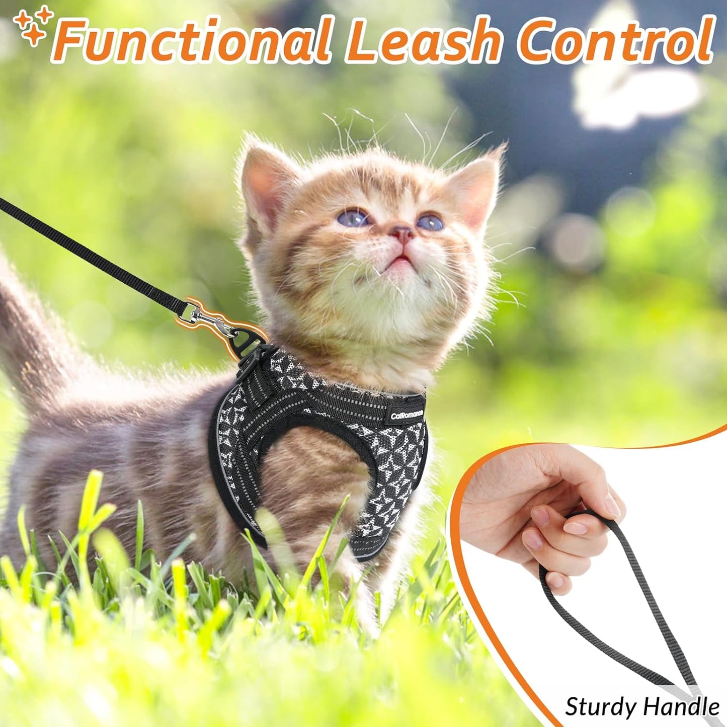 Cat Harness and Leash Escape Proof for Walking, Safe Adjustable Small Kitten Vest Set with Reflective Strip for Kitty, Easy Control Comfortable Soft Outdoor Pet Harnesses, Black, Small