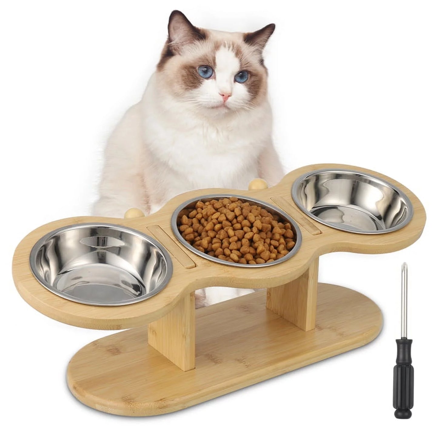 Wooden Elevated Cat Bowls, 15Â° Tilted Raised Pet Food Bowls, Adjustable Cat Dog Bowl Feeding Station with 3 Stainless Steel Bowls for Cats Puppy Small Dogs Feeder