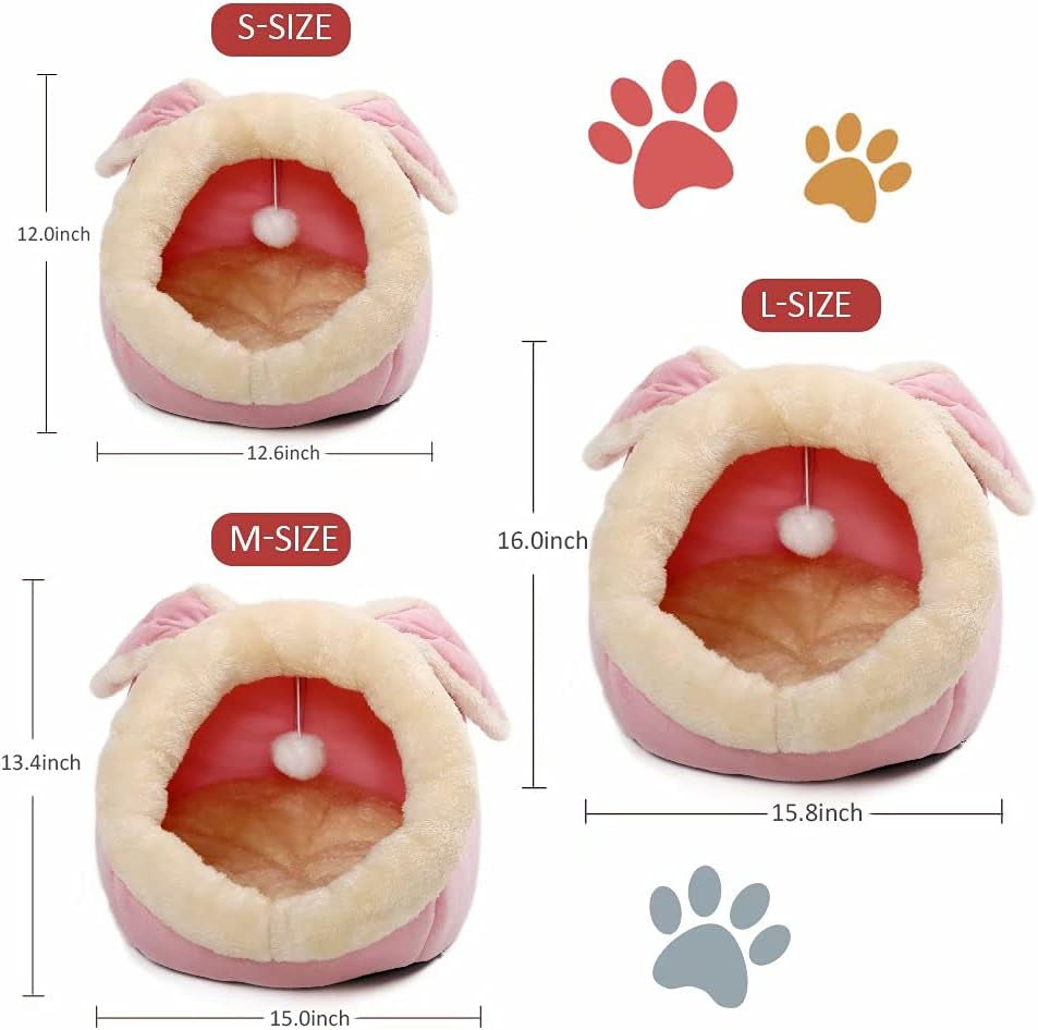 Cat Beds for Indoor Cats - Small Dog Bed with Anti-Slip Bottom, Rabbit-Shaped Cat/Small Dog Cave with Hanging Toy, Puppy Bed with Removable Cotton Pad, Super Soft Calming Pet Sofa Bed (Pink Small)