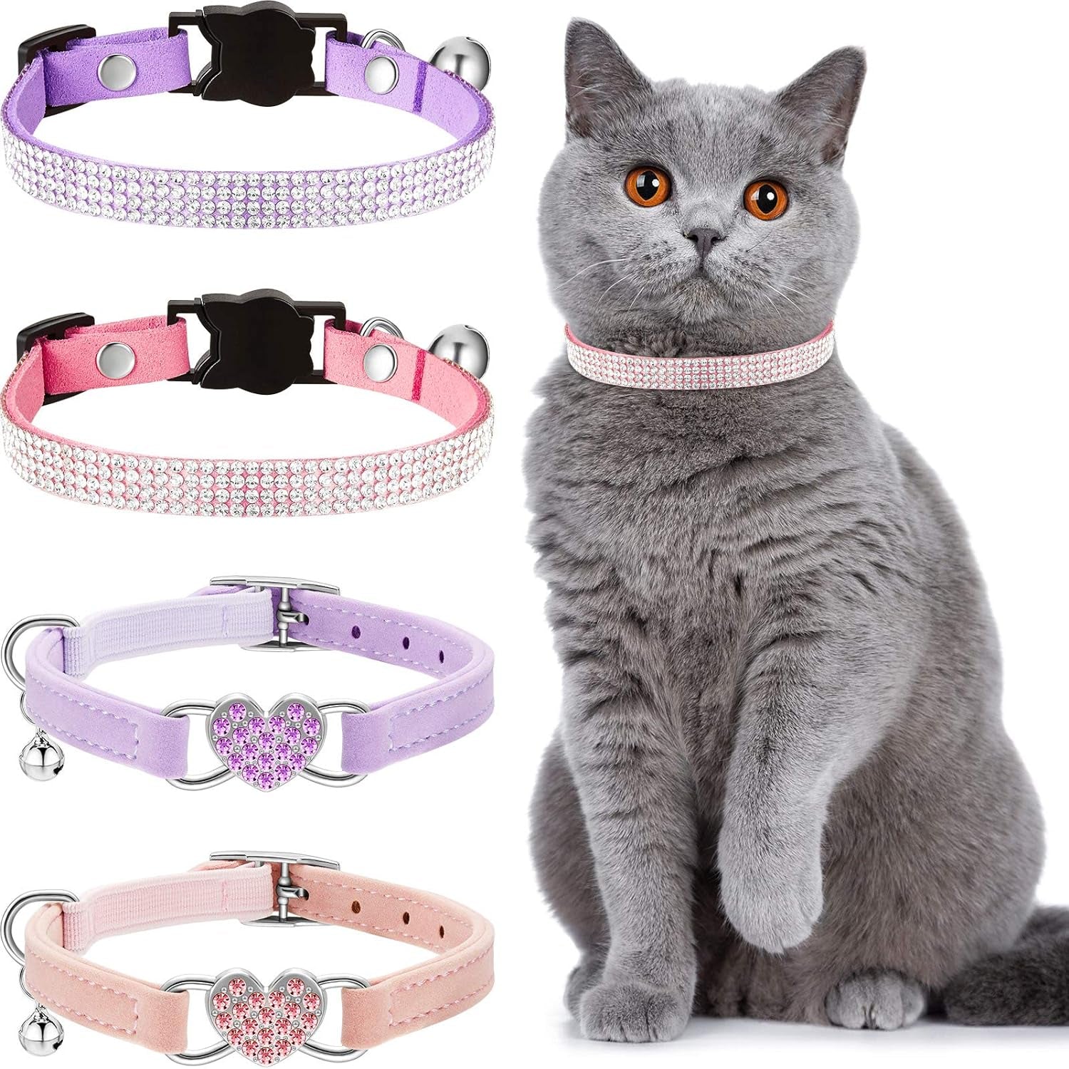 4 Pcs Rhinestone Cat Collar Heart Bling Breakaway Girl Cat Collar Soft Velvet Fancy Cat Collar with Heart Bling Cat Collar Adjustable Safety Kitten Collar with Bell for Kitty(Pink, Purple)