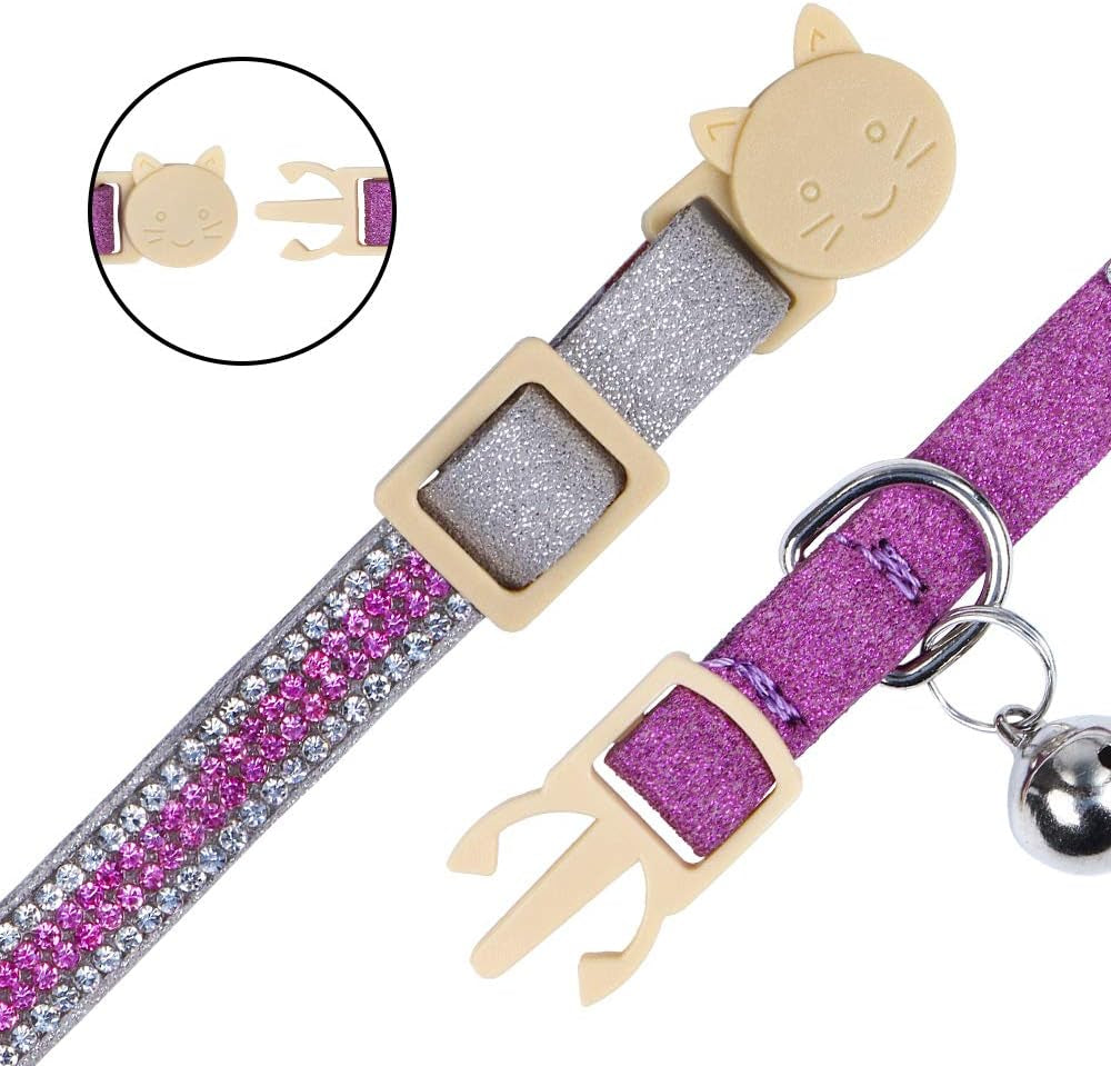 Cat Collar Breakaway with Bells - 2 Pack Bling Rhinestone Cat Collar, Soft Microfiber Leather Safe Adjustable Shing Collar, for Cats and Puppy Girl Boy (7.5"-11", Gray+Purple)