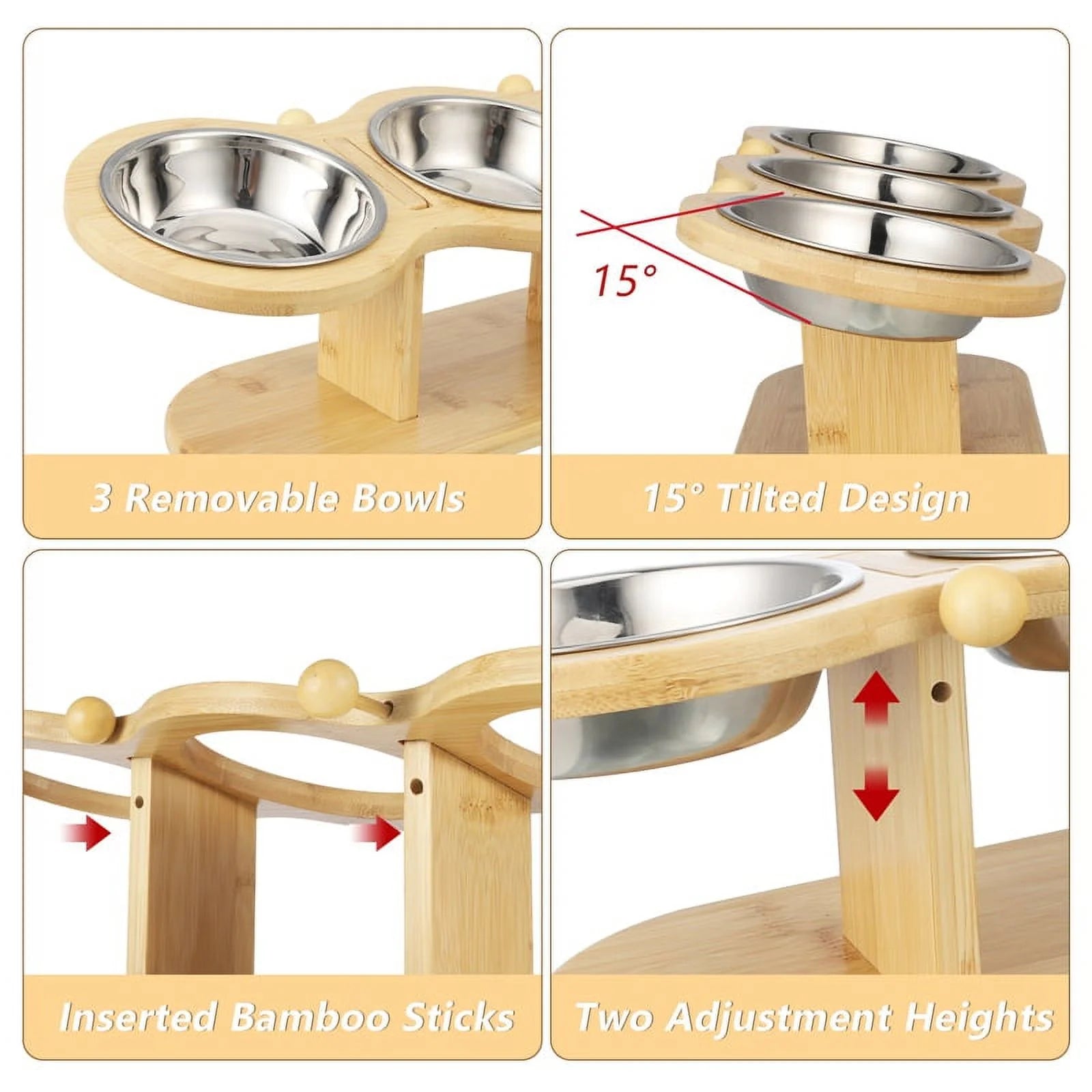 Wooden Elevated Cat Bowls, 15Â° Tilted Raised Pet Food Bowls, Adjustable Cat Dog Bowl Feeding Station with 3 Stainless Steel Bowls for Cats Puppy Small Dogs Feeder