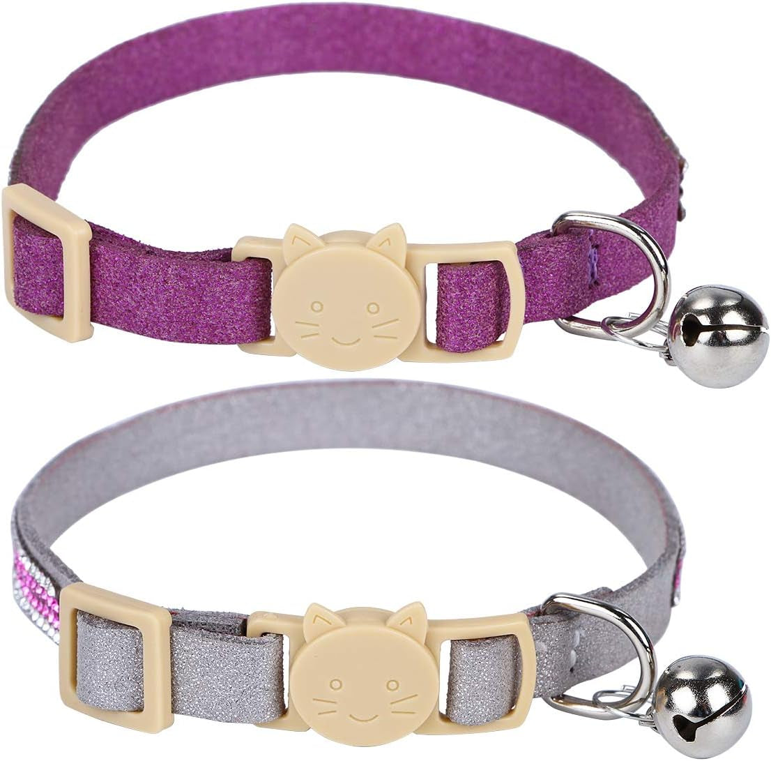 Cat Collar Breakaway with Bells - 2 Pack Bling Rhinestone Cat Collar, Soft Microfiber Leather Safe Adjustable Shing Collar, for Cats and Puppy Girl Boy (7.5"-11", Gray+Purple)