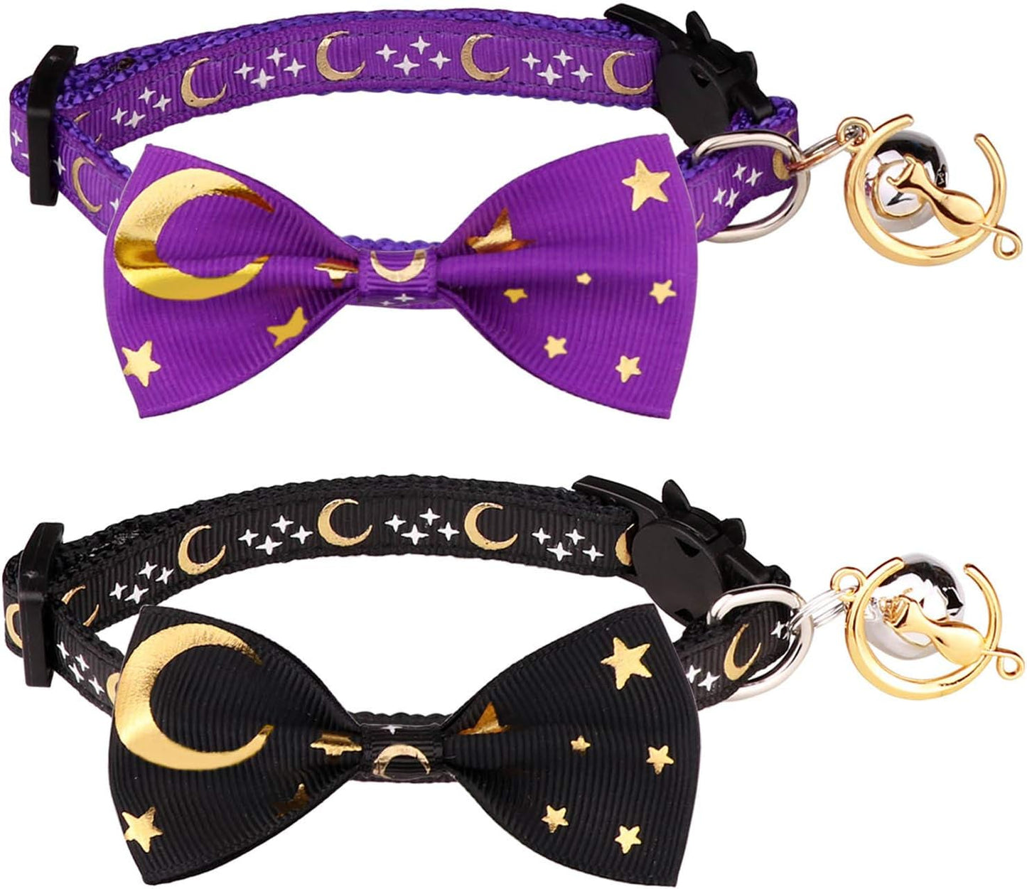 2 PCS Breakaway Cat Collar with Bow Tie and Bell Golden Moon Glowing Star in the Dark for Kitten(Black&Purple)