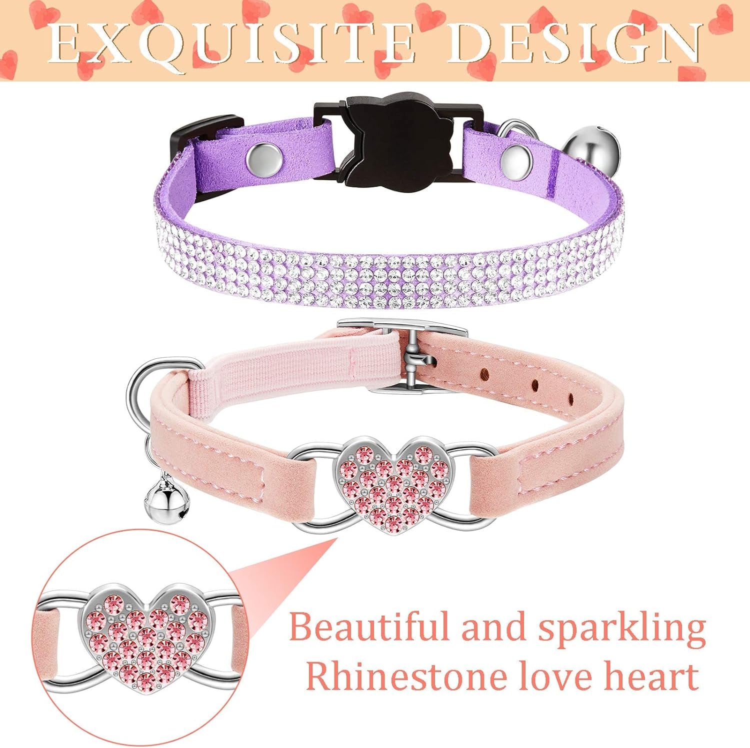 4 Pcs Rhinestone Cat Collar Heart Bling Breakaway Girl Cat Collar Soft Velvet Fancy Cat Collar with Heart Bling Cat Collar Adjustable Safety Kitten Collar with Bell for Kitty(Pink, Purple)