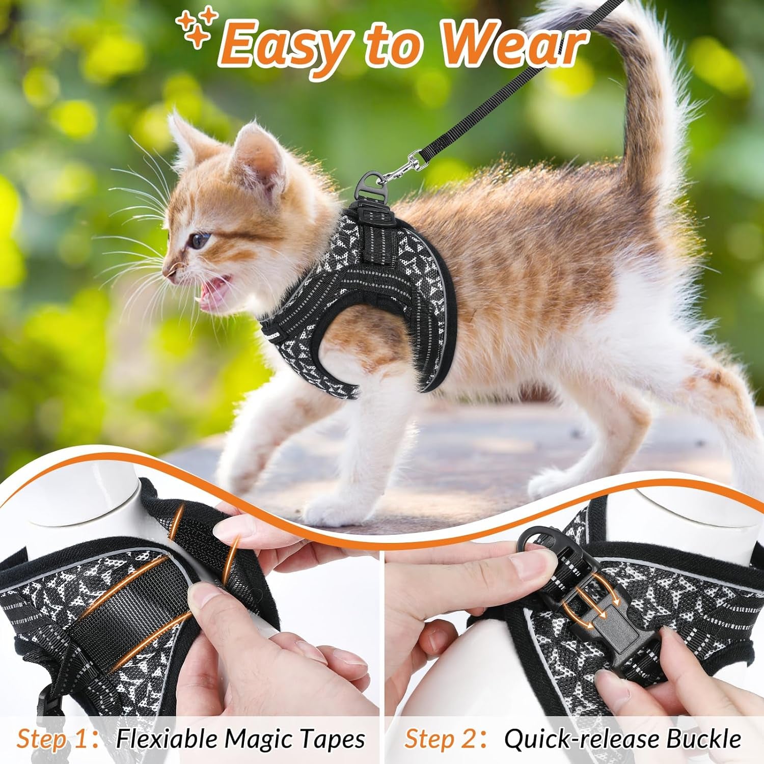 Cat Harness and Leash Escape Proof for Walking, Safe Adjustable Small Kitten Vest Set with Reflective Strip for Kitty, Easy Control Comfortable Soft Outdoor Pet Harnesses, Black, Small